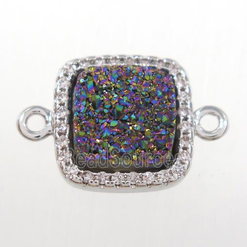 rainbow druzy quartz square connector pave zircon, platinum plated