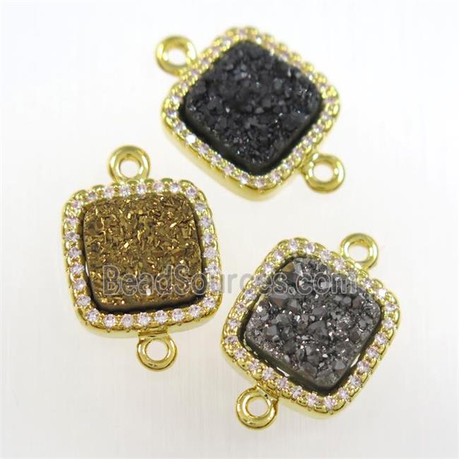 mixed color druzy quartz square connector pave zircon, gold plated