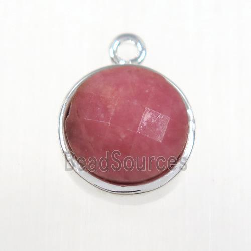 pink Rhodonite circle pendant, platinum plated