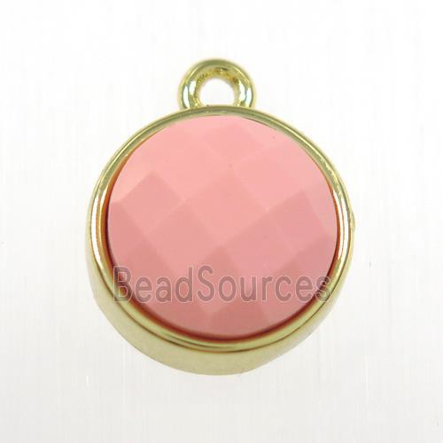 pink dye Coral circle pendant, gold plated