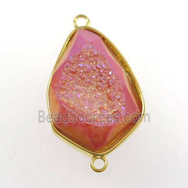 red druzy agate connector, teardrop, gold plated