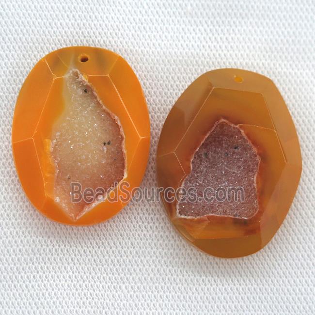 orange druzy agate pendants, faceted freeform