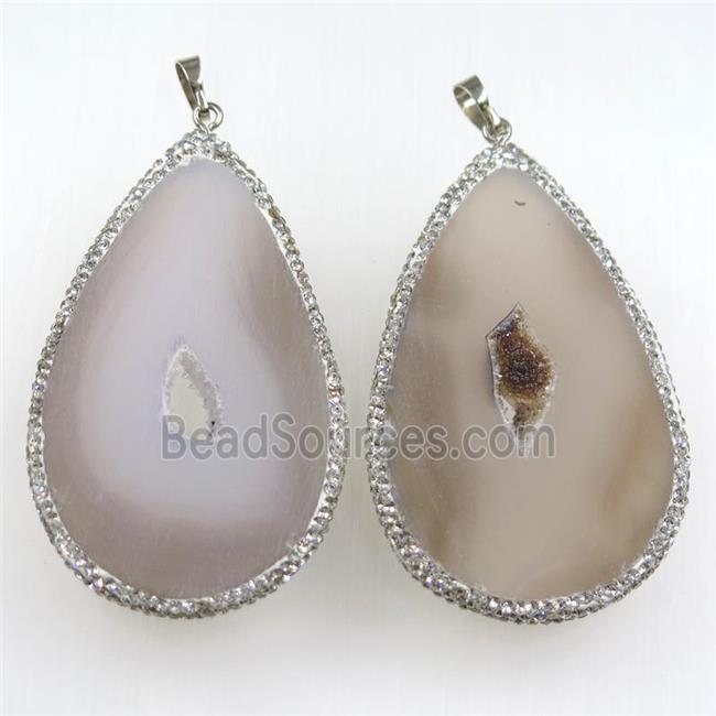 druzy agate slice pendants paved rhinestone, treadrop