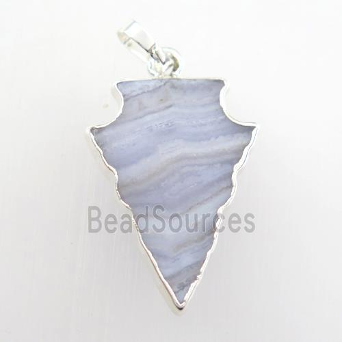 Blue Lace Agate pendant, arrowhead, silver plated