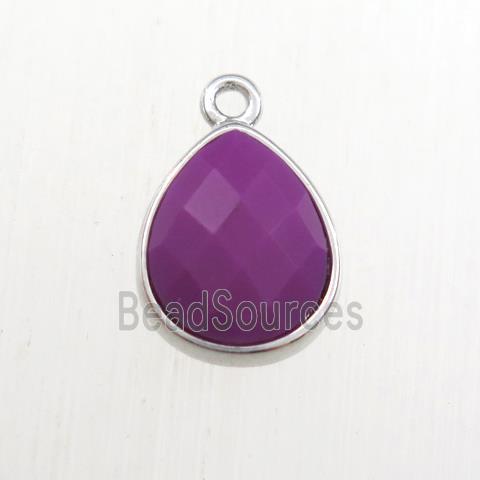 purple Jade pendant, teardrop, platinum plated