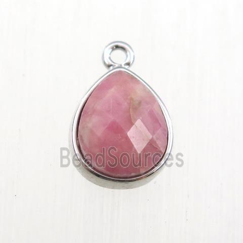 pink Rhodonite pendant, teardrop, platinum plated