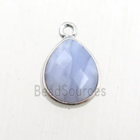 Blue Lace Agate pendant, teardrop, platinum plated