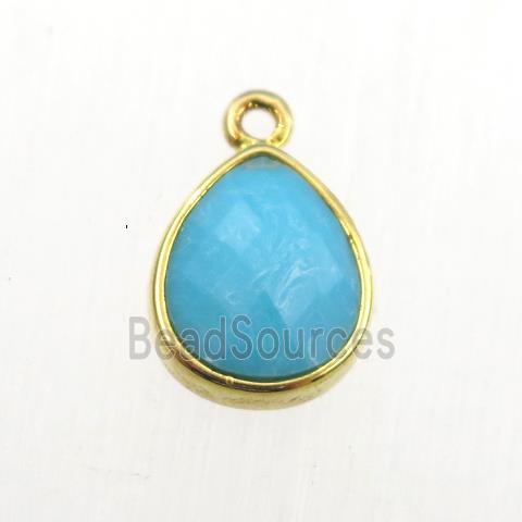 Natural Turquoise pendant, blue treated, teardrop, gold plated