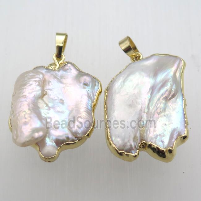 white pearl pendant, freeform, gold plated