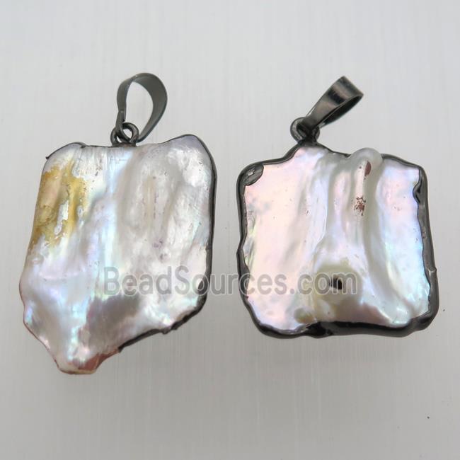 white pearl pendant, freeform, black plated