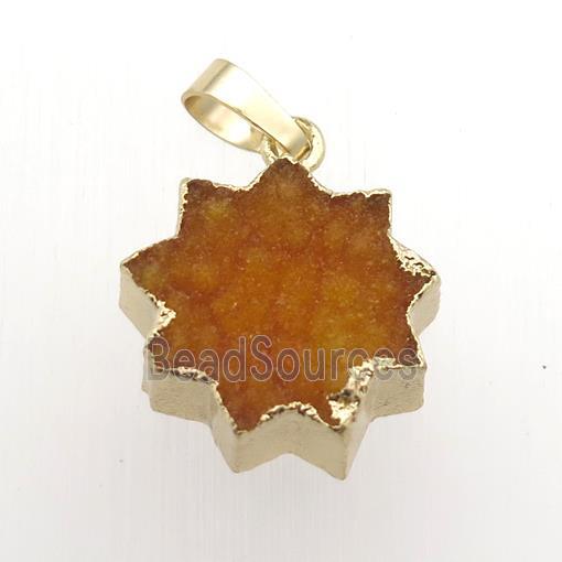 orange Druzy Quartz sunflower pendant, gold plated