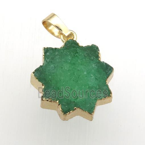 green Druzy Quartz sunflower pendant, gold plated