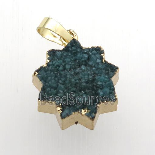 peacock green Druzy Quartz sunflower pendant, gold plated