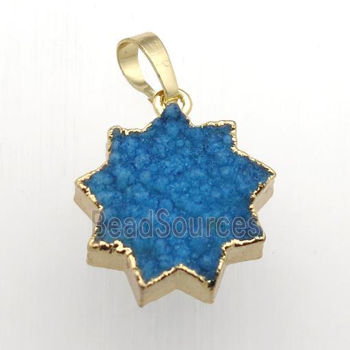 blue Druzy Quartz sunflower pendant, gold plated