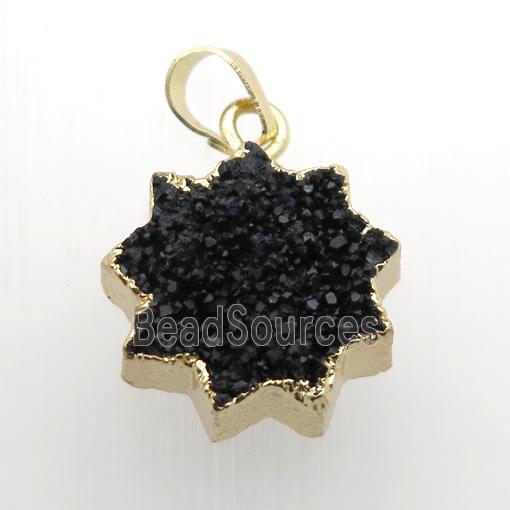 black Druzy Quartz sunflower pendant, gold plated