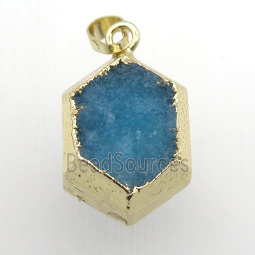 blue Druzy Quartz hexagon pendant, gold plated