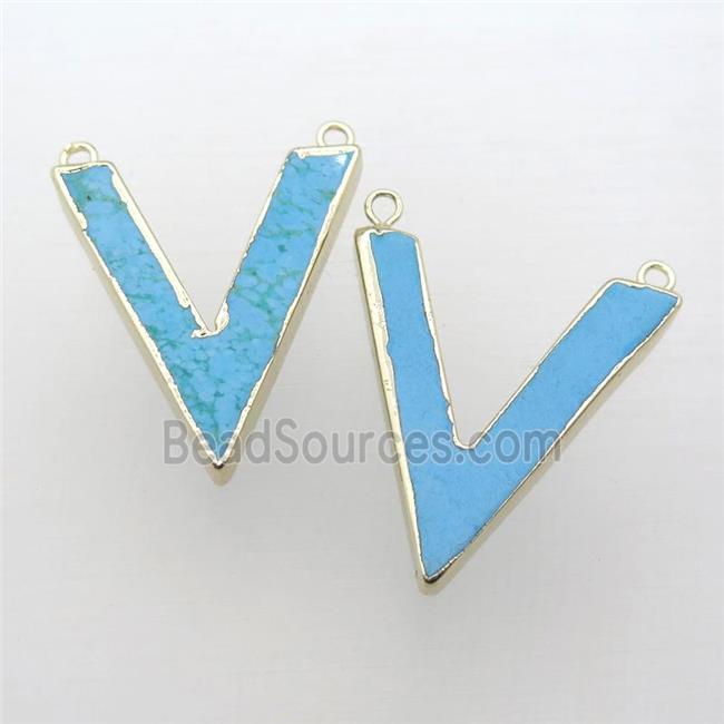 blue Turquoise pendant, letter-V, gold plated