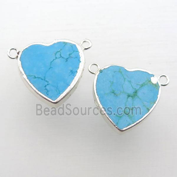 blue Turquoise heart pendant with 2loops, silver plated