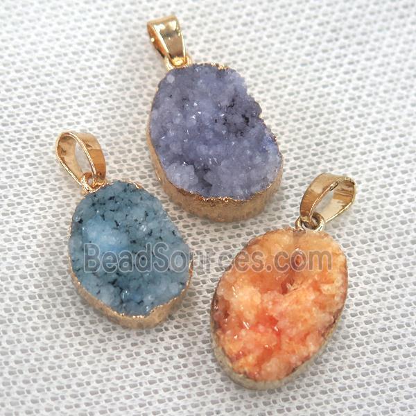 Quartz Druzy oval pendant, gold plated, mixed color