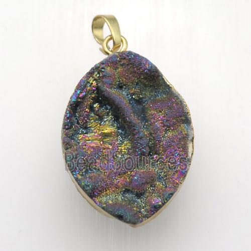 rainbow Solar Agate Druzy leaf pendant, gold plated