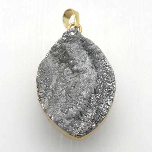 silver Solar Agate Druzy leaf pendant, gold plated