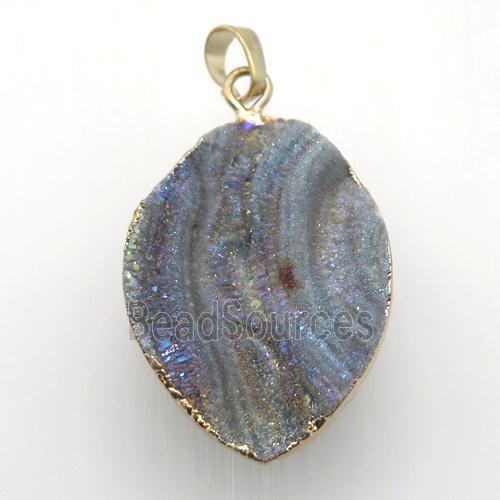 AB-color Solar Agate Druzy leaf pendant, gold plated