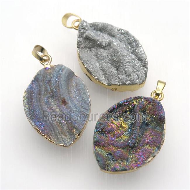 Solar Agate Druzy leaf pendant, gold plated, mix color