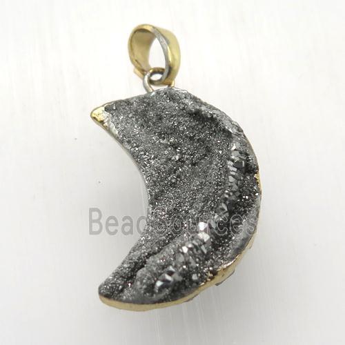 silver Solar Agate Druzy moon pendant, gold plated