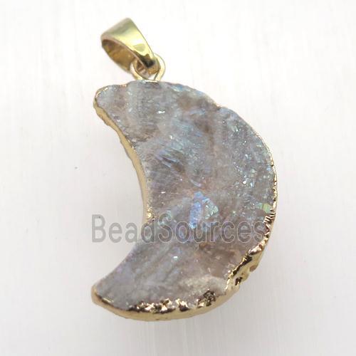 AB-color Solar Agate Druzy moon pendant, gold plated