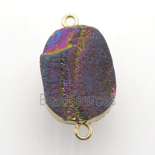 rainbow Solar Agate Druzy connector, oval, gold plated