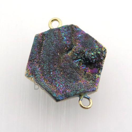 rainbow Solar Agate Druzy connector, hexagon, gold plated