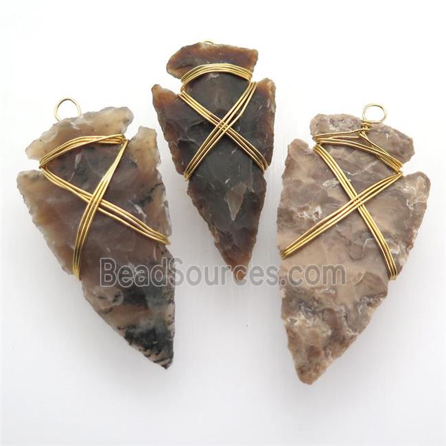 Rock Agate arrowhead pendant, wire wrapped