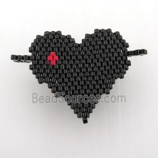 Handcraft heart connector with seed glass beads, black