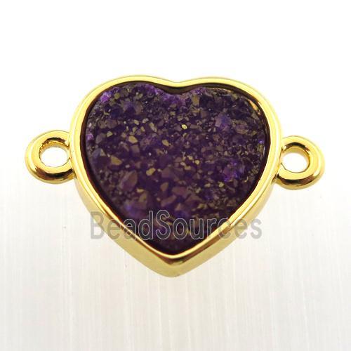 purple agate druzy heart connector, gold plated