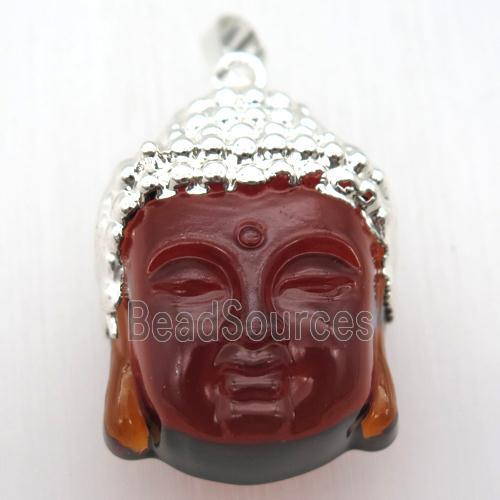 red glass Buddha pendant, silver plated