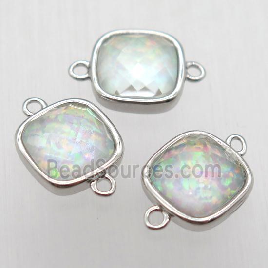 green Fire Opal square connector, synthetic, platinum plated