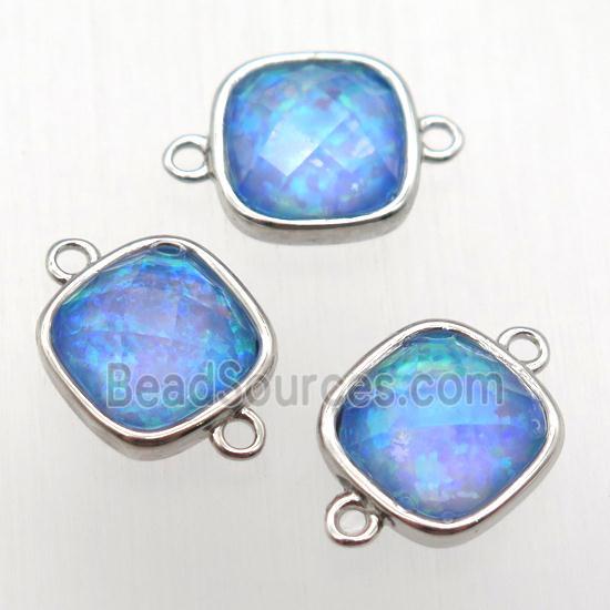 blue Fire Opal square connector, synthetic, platinum plated