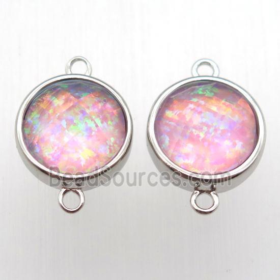 pink Fire Opal circle connector, synthetic, platinum plated