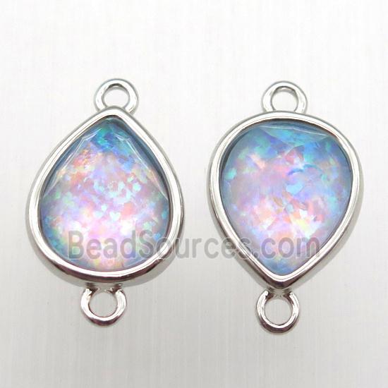 Fire Opal teardrop connector, synthetic, platinum plated