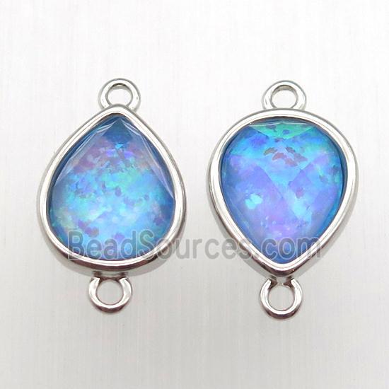 blue Fire Opal teardrop connector, synthetic, platinum plated