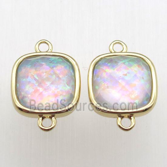 Fire Opal square connector, synthetic, gold plated