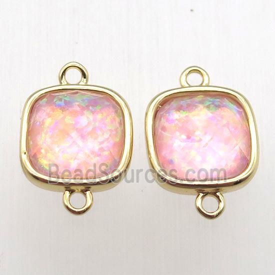 pink Fire Opal square connector, synthetic, gold plated