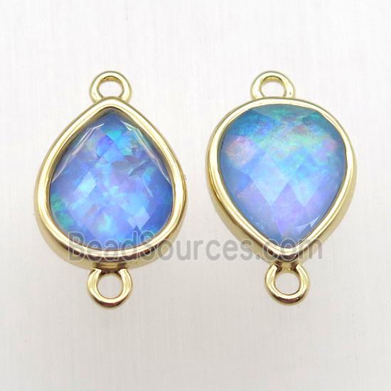 blue Fire Opal teardrop connector, synthetic, gold plated