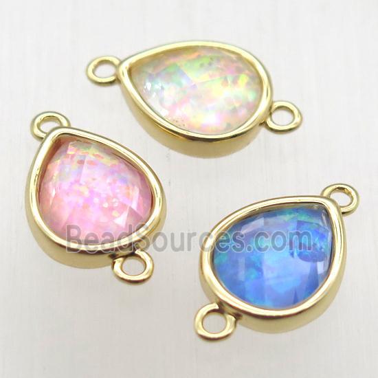 mixed color Fire Opal teardrop connector, synthetic, gold plated