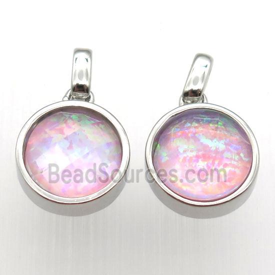 pink Fire Opal circle pendant, synthetic, platinum plated