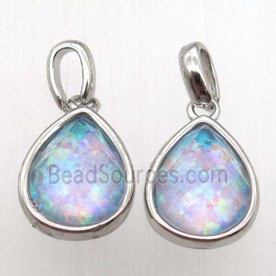 Fire Opal teardrop pendant, synthetic, platinum plated