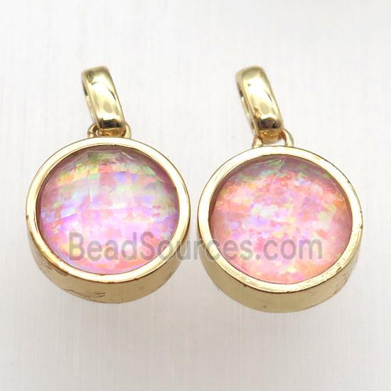 pink Fire Opal circle pendant, synthetic, gold plated