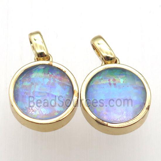 blue Fire Opal circle pendant, synthetic, gold plated