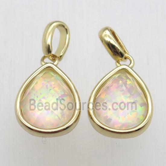 yellow Fire Opal teardrop pendant, synthetic, gold plated