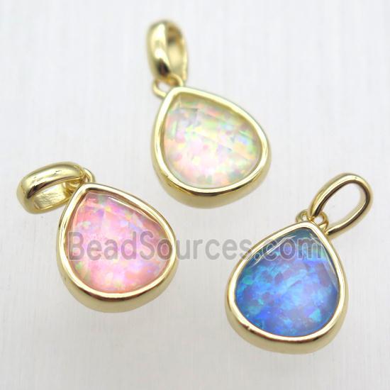 mixed color Fire Opal teardrop pendant, synthetic, gold plated